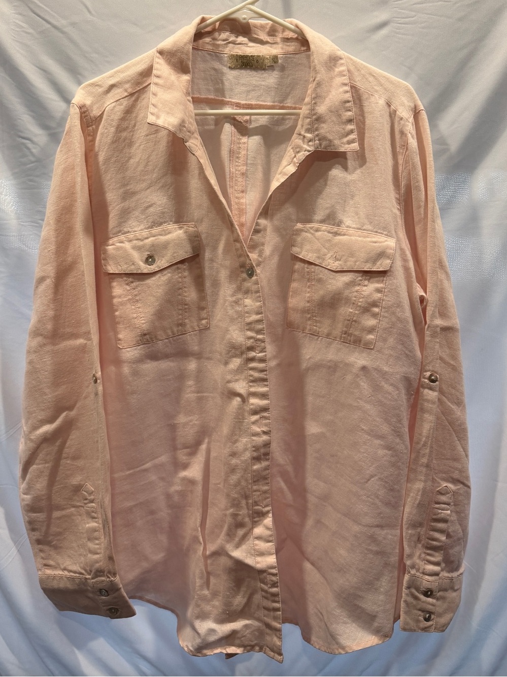 Paradise Shores Women’s XL 100% Linen Button Down Shirt Blush Pink Roll Tab